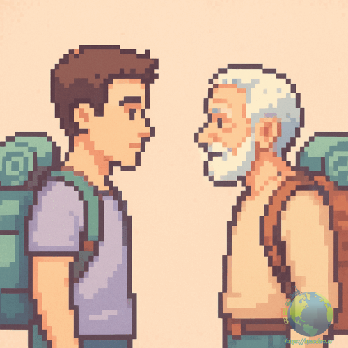 Un mochilero mayor ante un mochilero joven de la generación Z