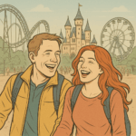 Tiempo de viajes Pareja viajando a un parque temático