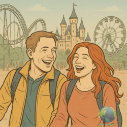 Pareja viajando a un parque temático