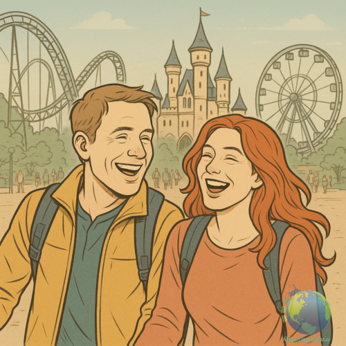 Pareja viajando a un parque temático